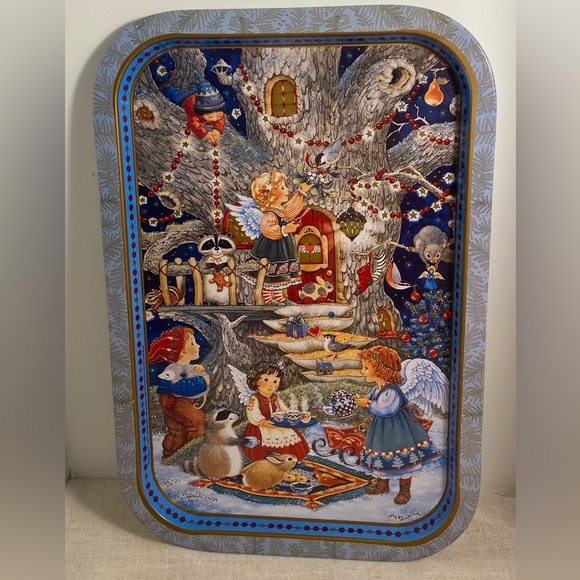 Vintage Cherub Treehouse Christmas Metal Tray Judith Ann Griffith print 90s - Picture 2 of 16
